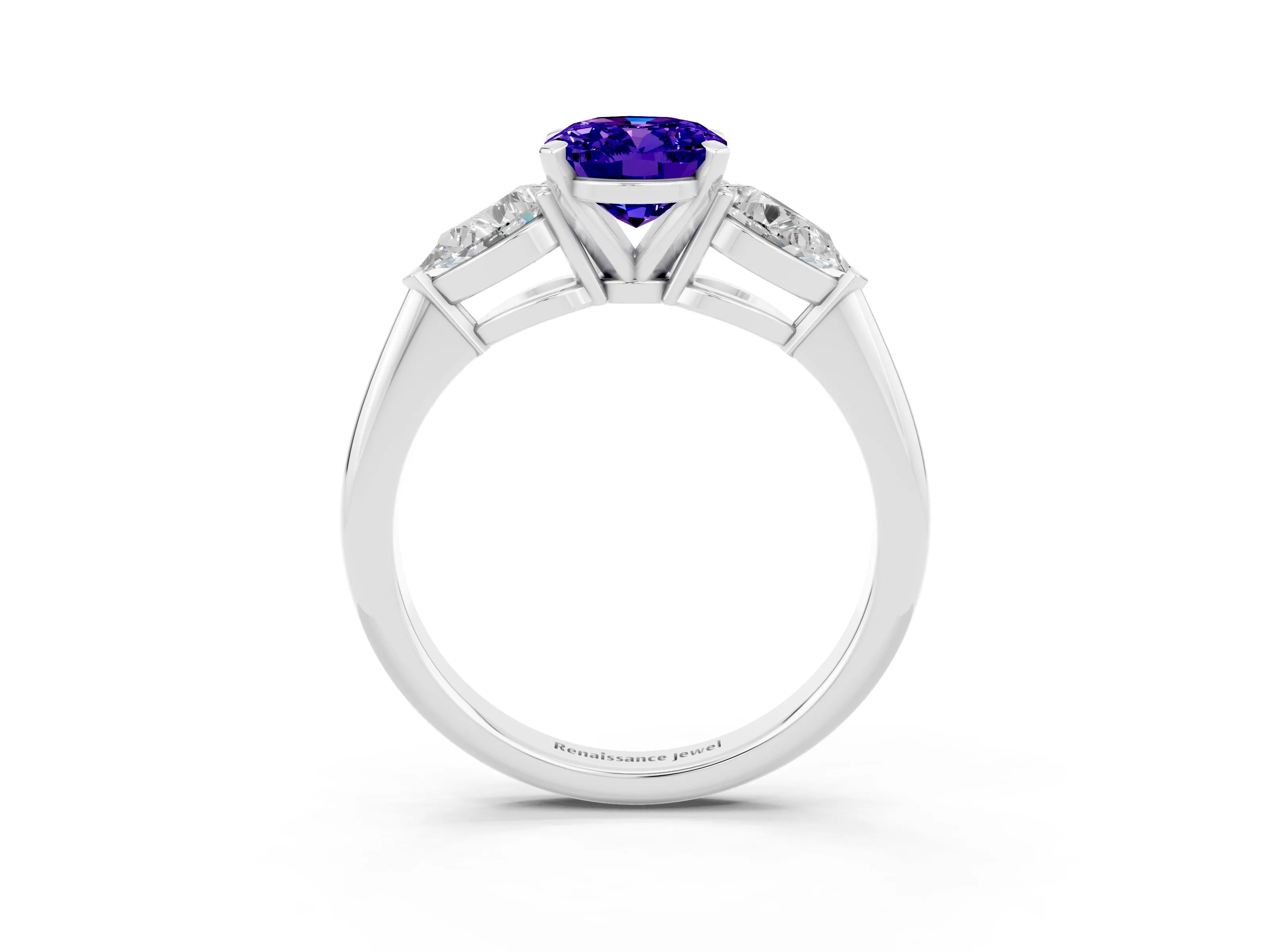 White gold Three-Stone Oval Cut Tanzanite Ring with Pear Side Stones and Four-Prong Setting_3