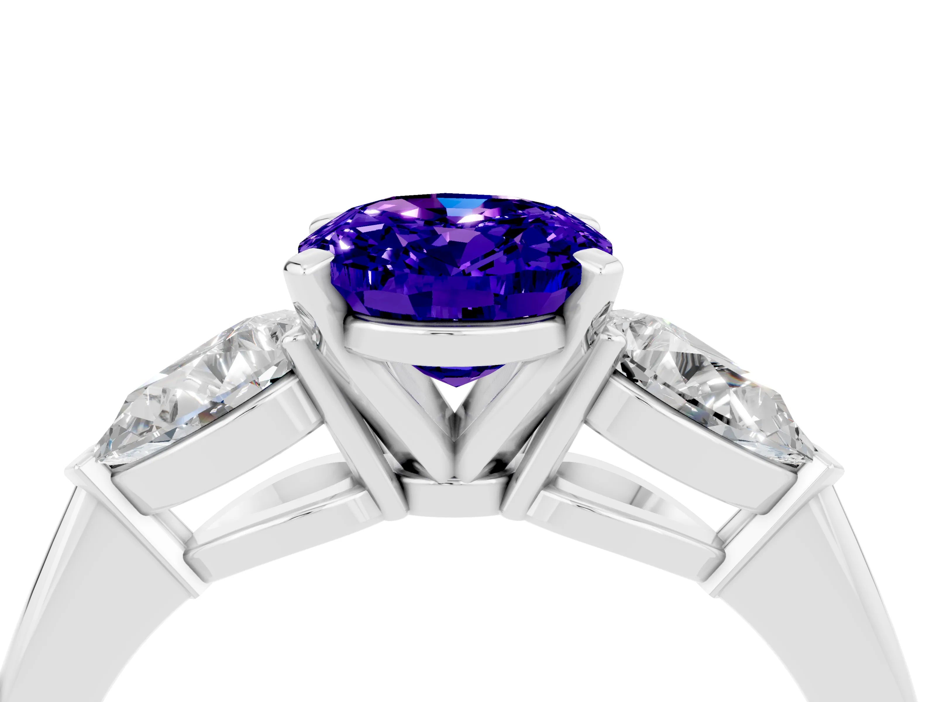 White gold Three-Stone Oval Cut Tanzanite Ring with Pear Side Stones and Four-Prong Setting_4