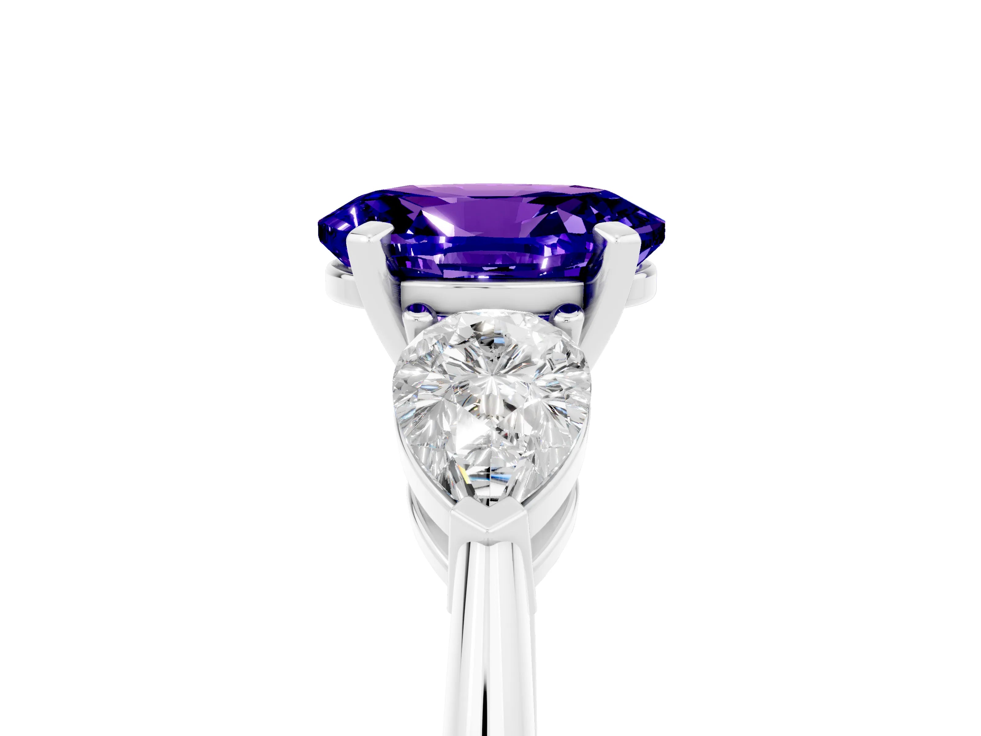 White gold Three-Stone Oval Cut Tanzanite Ring with Pear Side Stones and Four-Prong Setting_5