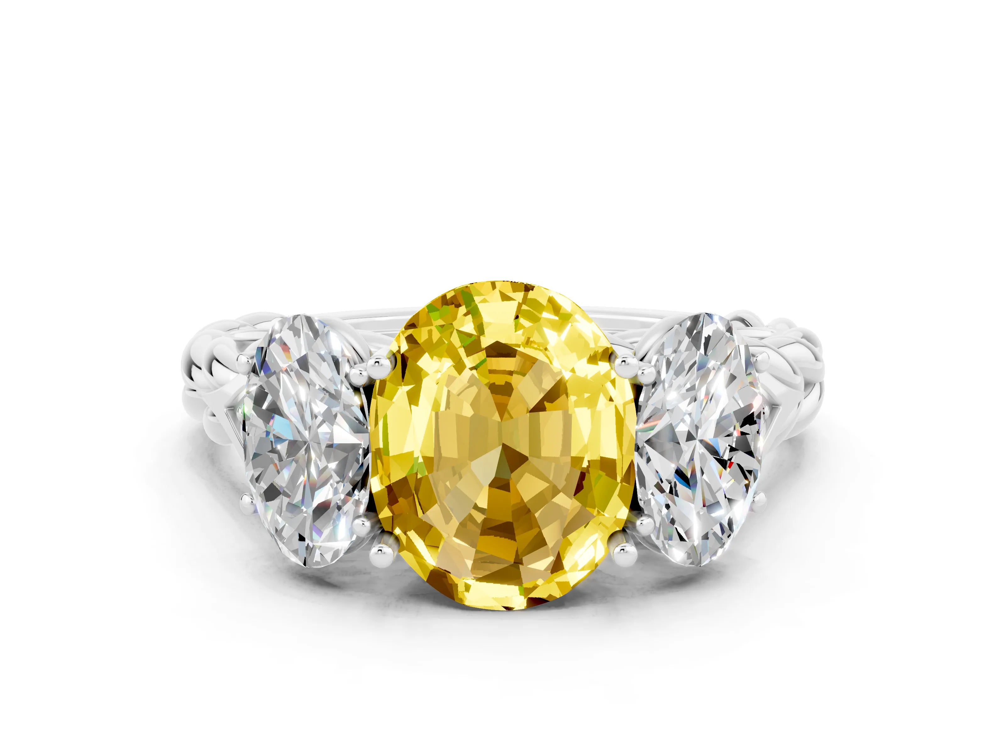 White gold Three-Stone Oval Cut Yellow Sapphire Braided Band Ring with Four-Prong Setting_36