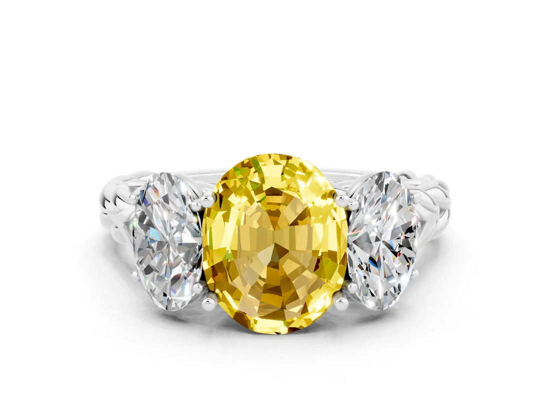 White gold Three-Stone Oval Cut Yellow Sapphire Braided Band Ring with Four-Prong Setting_36