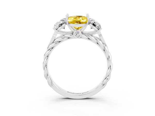 Silver Three-Stone Oval Cut Yellow Sapphire Braided Band Ring with Four-Prong Setting