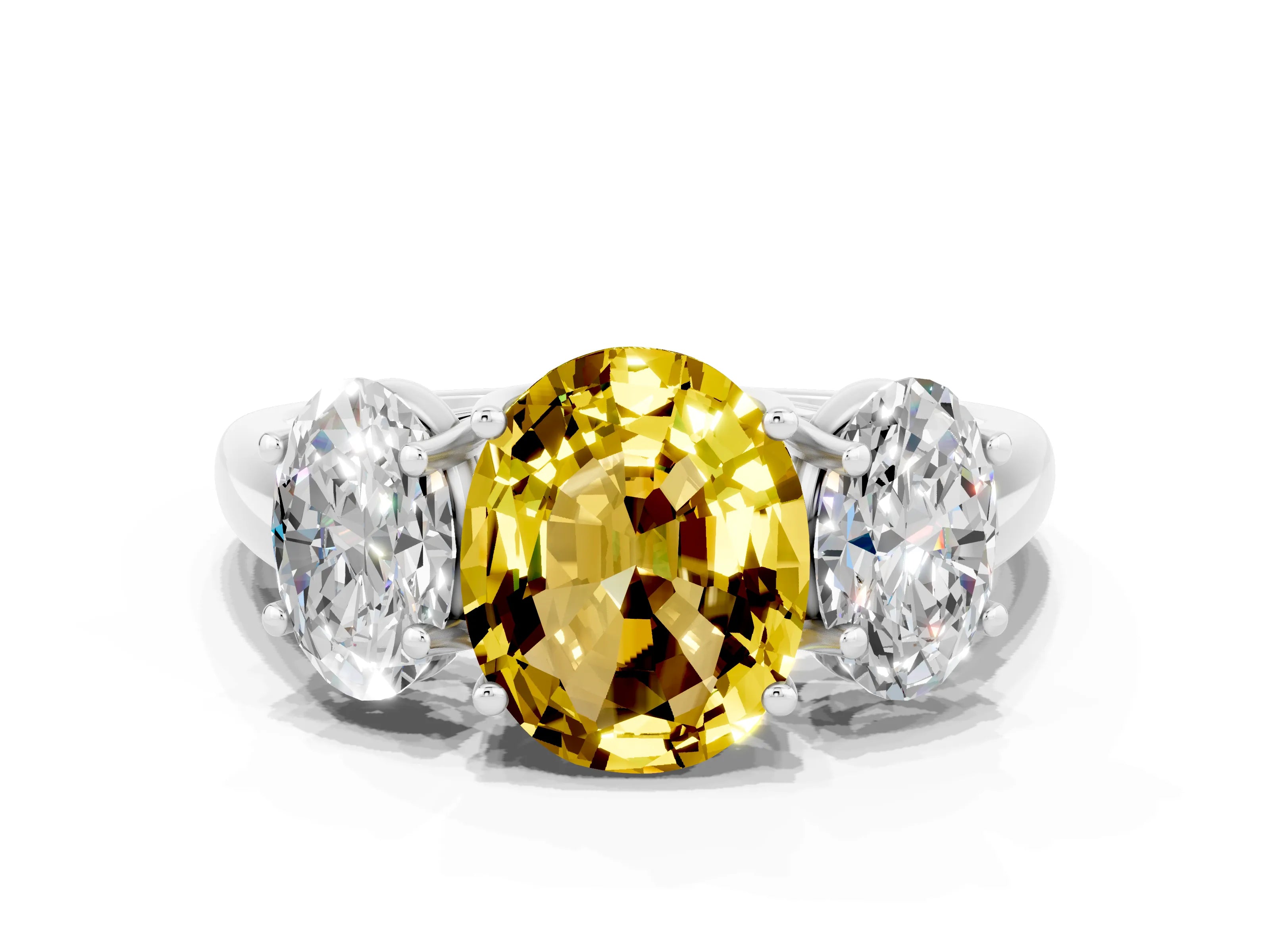 White gold Three-Stone Oval Cut Yellow Sapphire Engagement Ring with Prong Setting