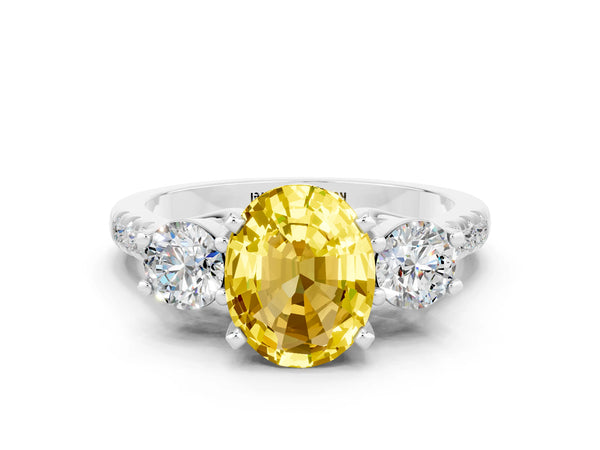 Silver Three-Stone Oval Cut Yellow Sapphire Pavé Band with Four-Prong Setting
