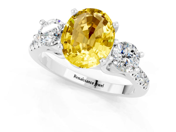 Silver Three-Stone Oval Cut Yellow Sapphire Pavé Band with Four-Prong Setting