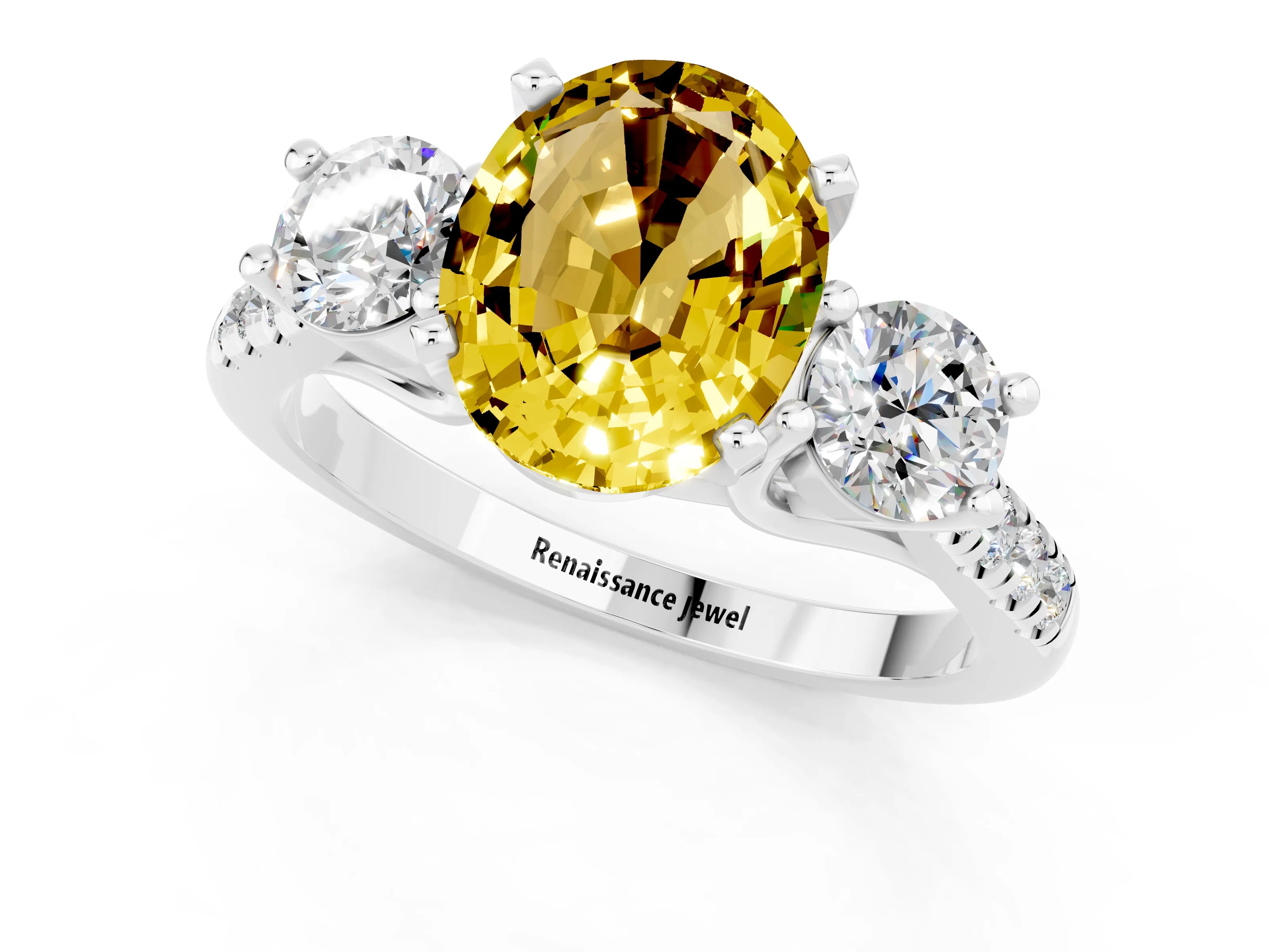 White gold Three-Stone Oval Cut Yellow Sapphire Pavé Band with Four-Prong Setting_49