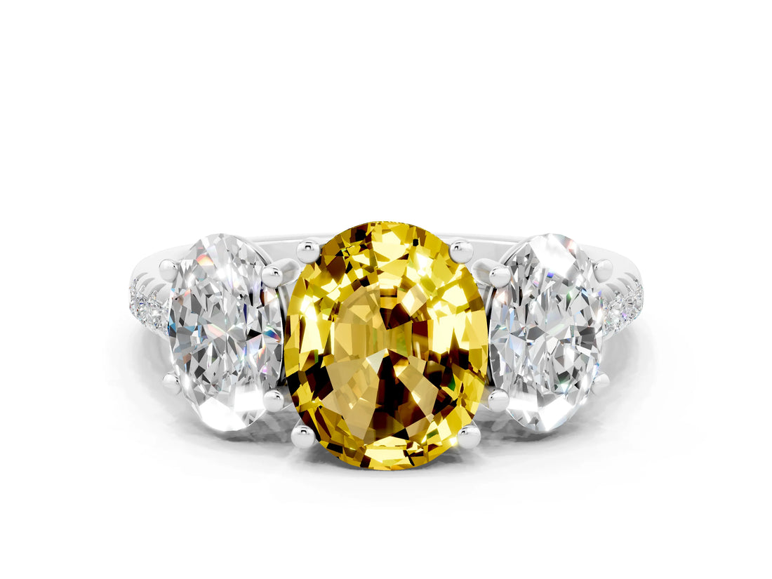 White gold Three-Stone Oval Cut Yellow Sapphire Ring with Pavé Band and Prong Setting_36