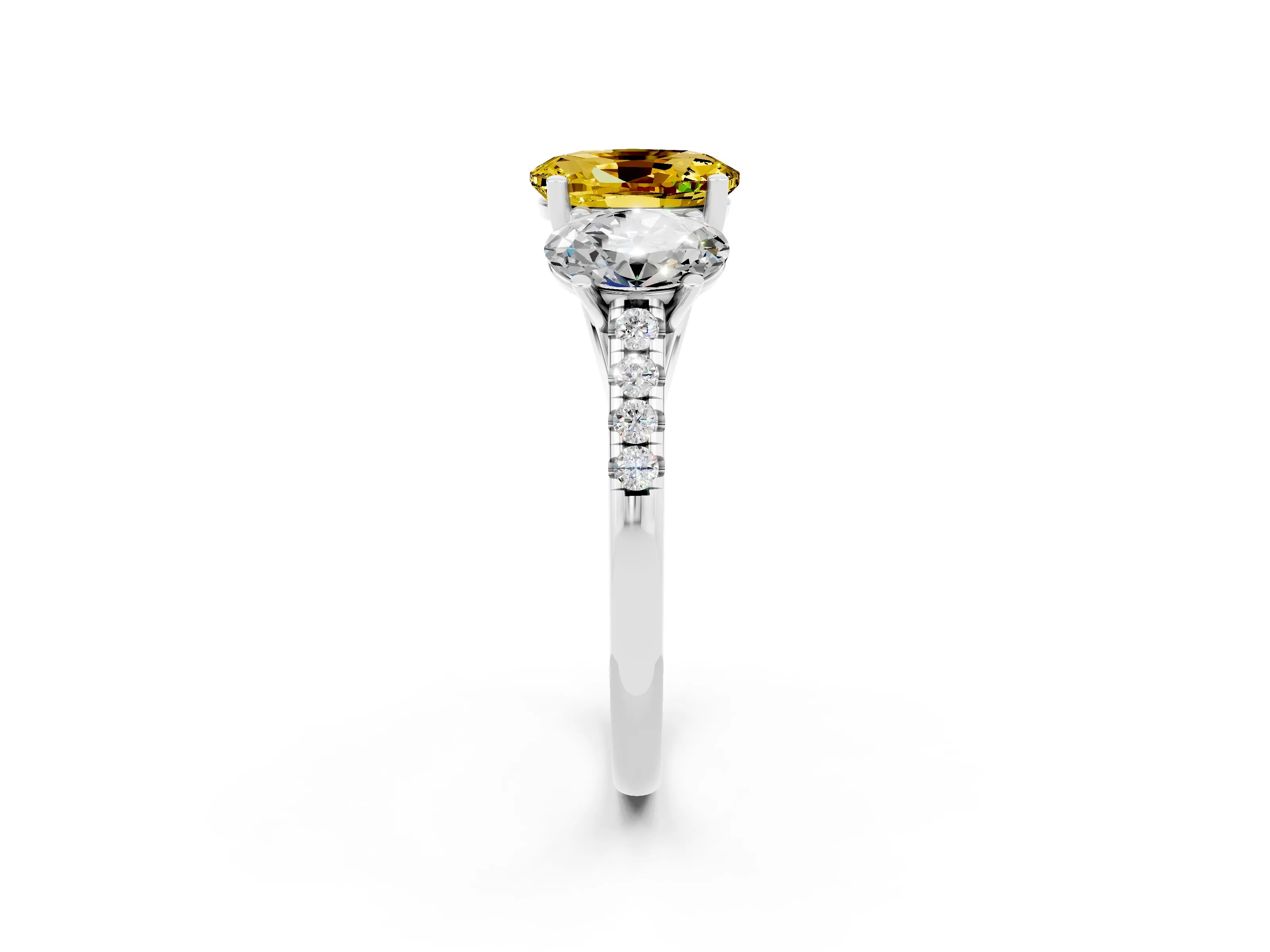 White gold Three-Stone Oval Cut Yellow Sapphire Ring with Pavé Band and Prong Setting_38