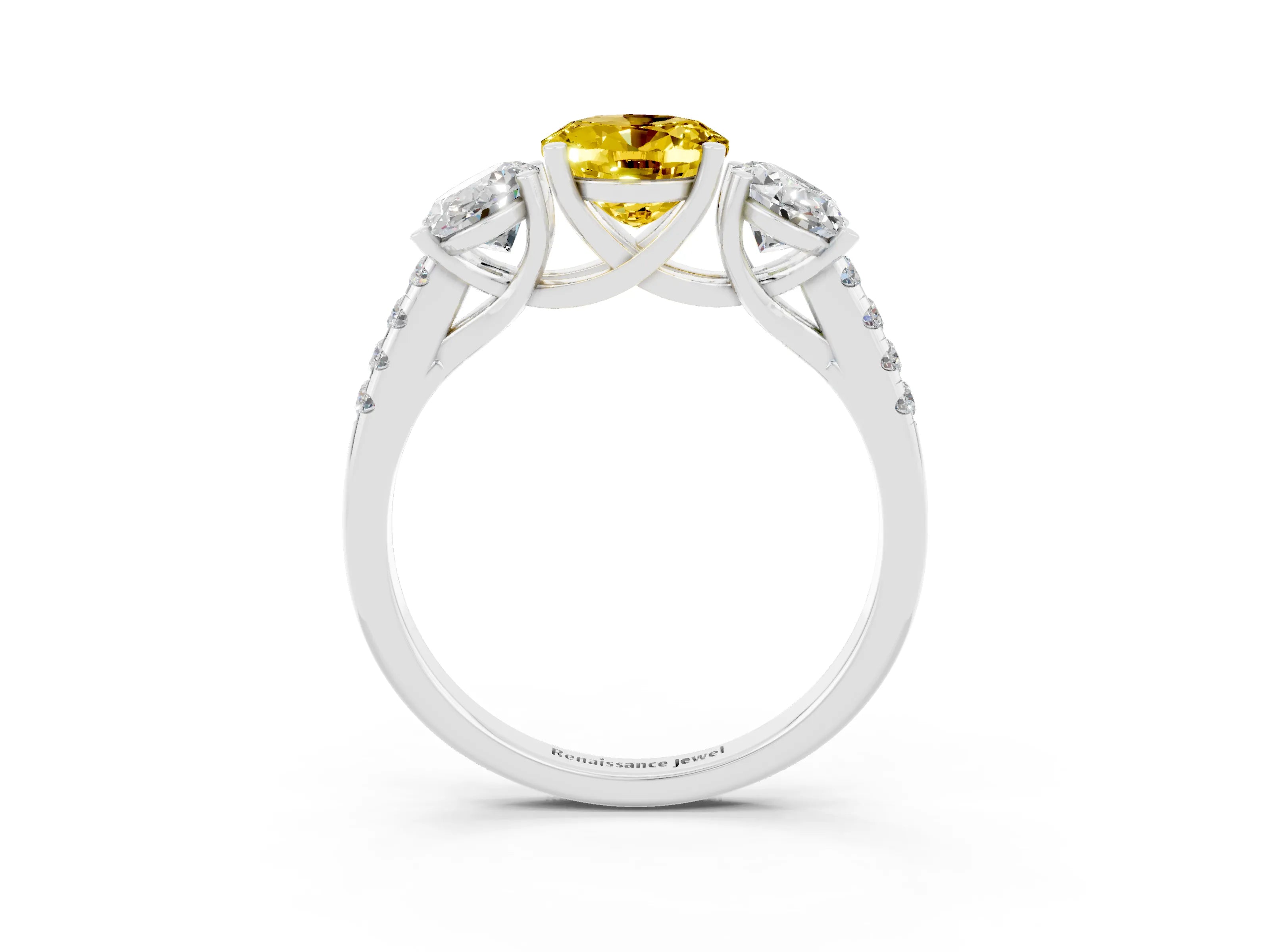 White gold Three-Stone Oval Cut Yellow Sapphire Ring with Pavé Band and Prong Setting_39