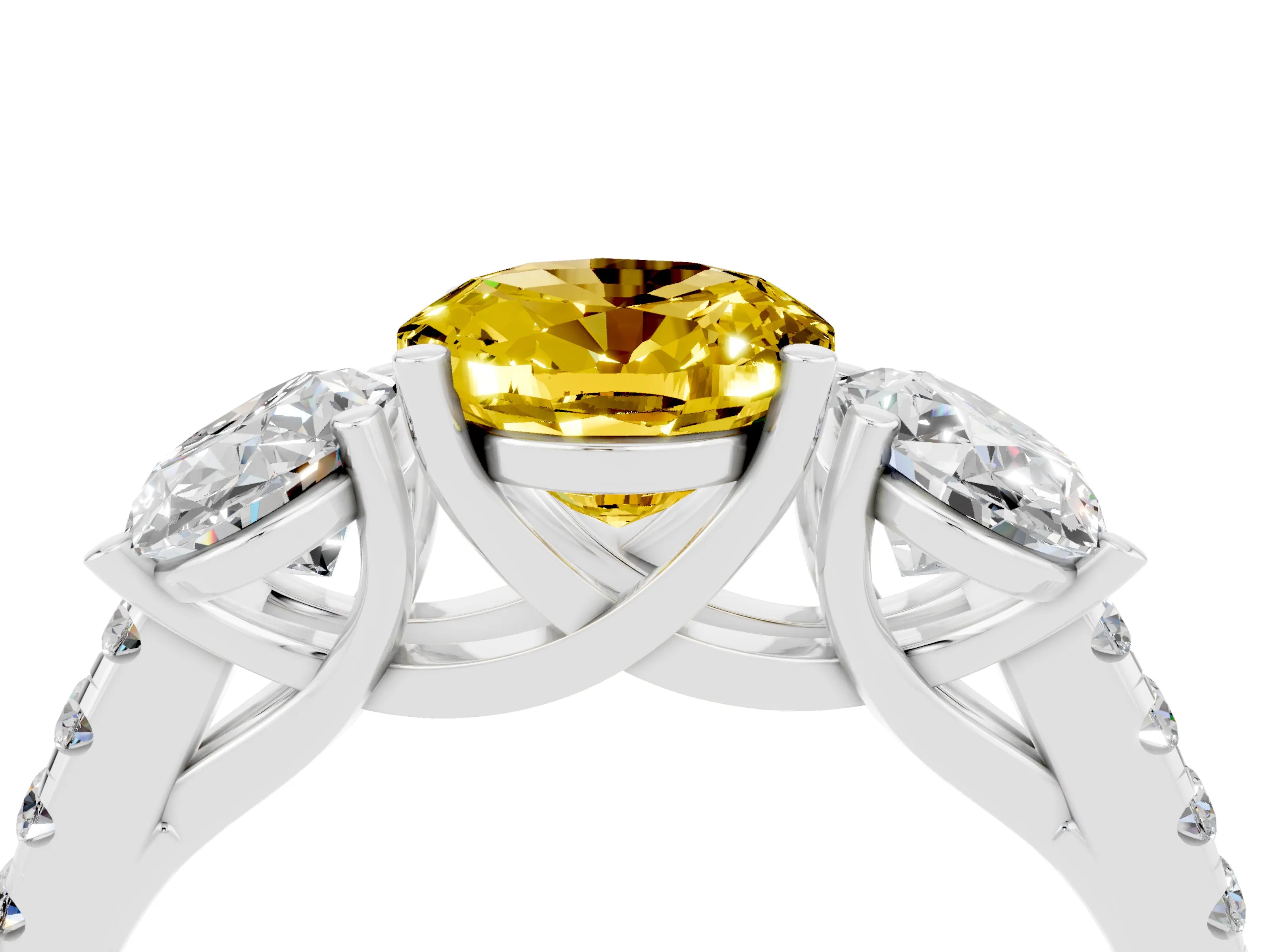 White gold Three-Stone Oval Cut Yellow Sapphire Ring with Pavé Band and Prong Setting_40