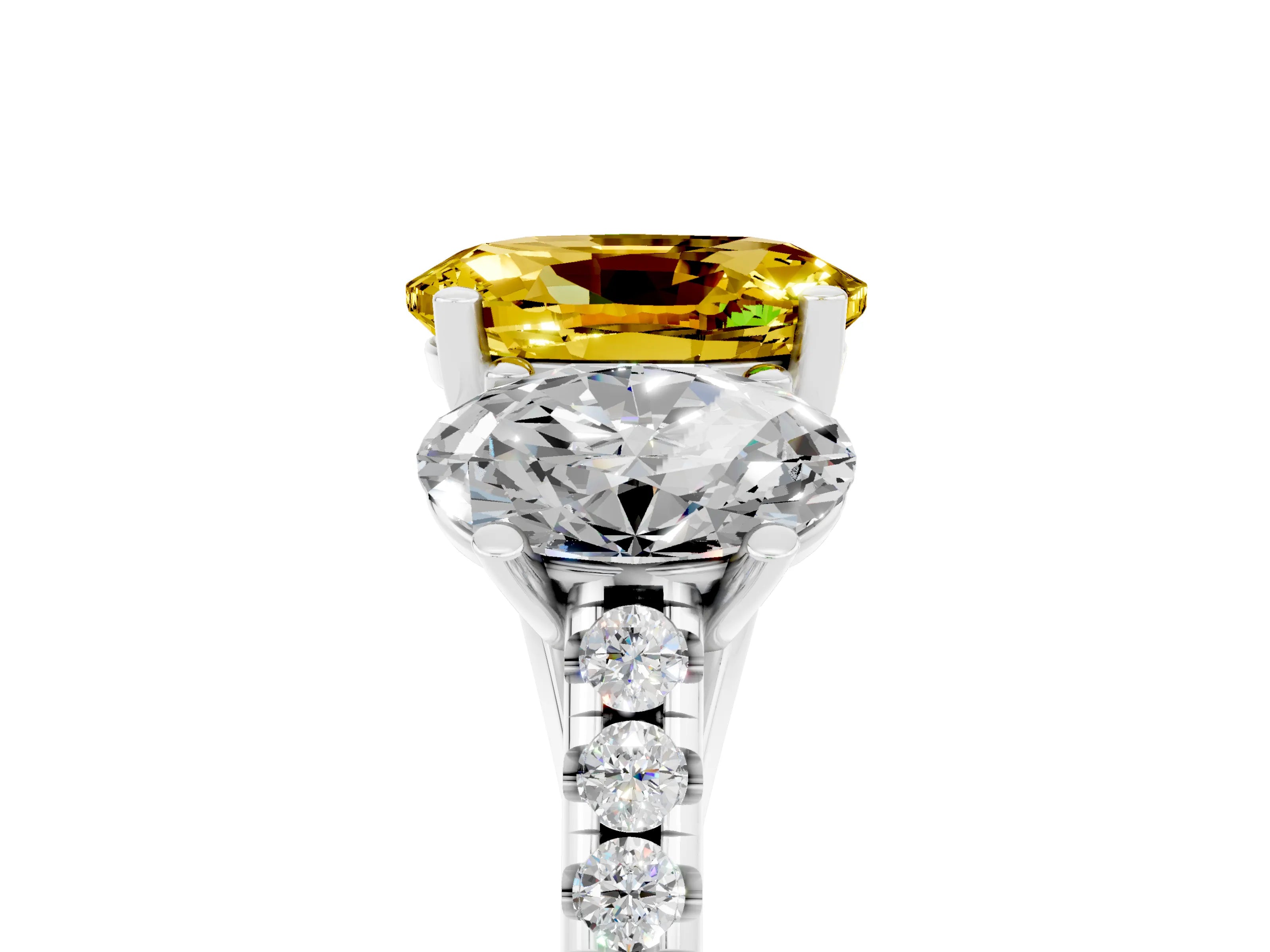 White gold Three-Stone Oval Cut Yellow Sapphire Ring with Pavé Band and Prong Setting_41