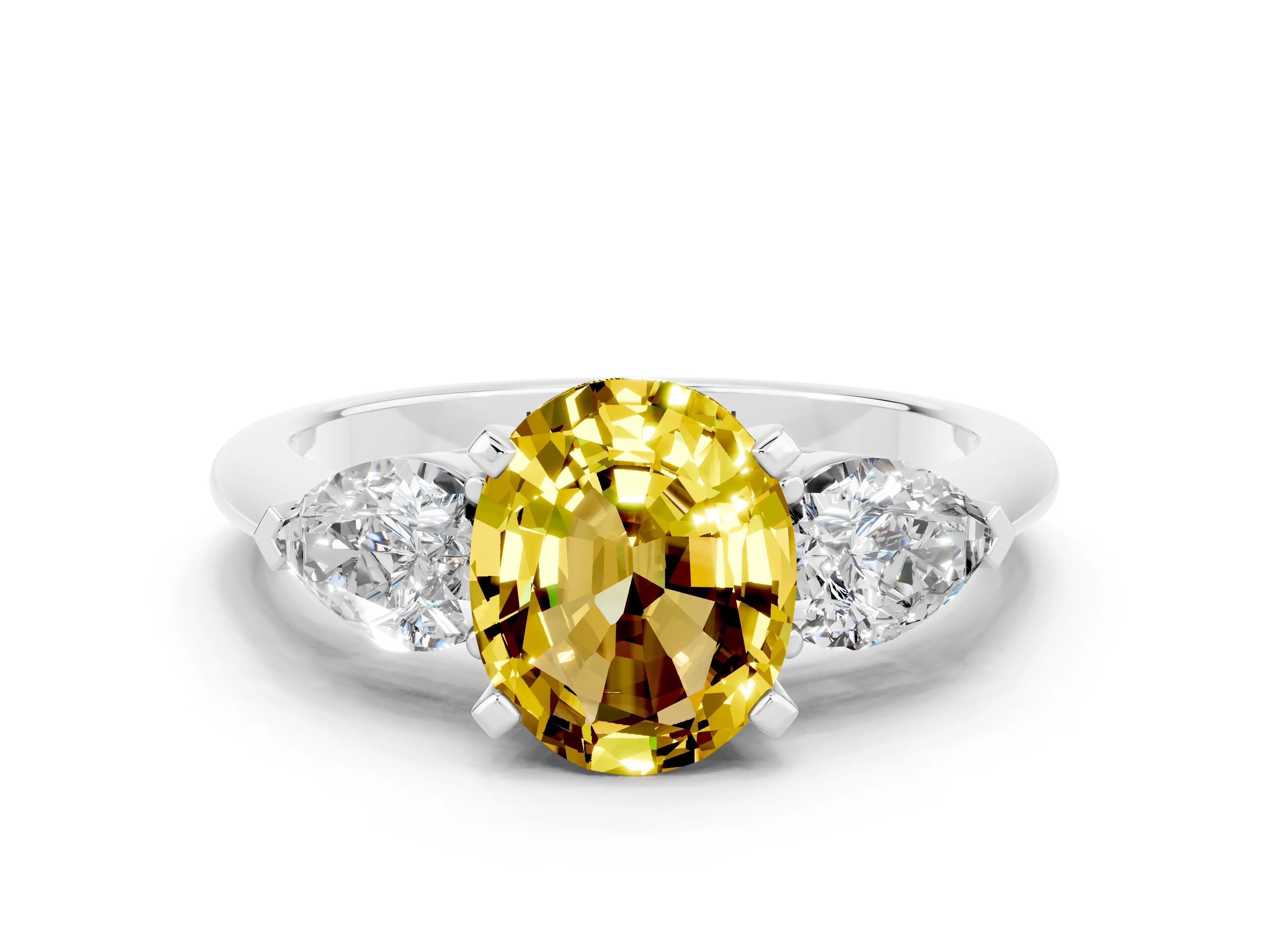 White gold Three-Stone Oval Cut Yellow Sapphire Ring with Pear Side Stones and Four-Prong Setting_24