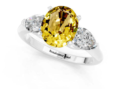 White gold Three-Stone Oval Cut Yellow Sapphire Ring with Pear Side Stones and Four-Prong Setting_25
