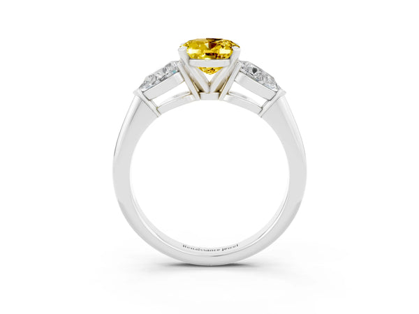 Platinum Three-Stone Oval Cut Yellow Sapphire Ring with Pear Side Stones and Four-Prong Setting