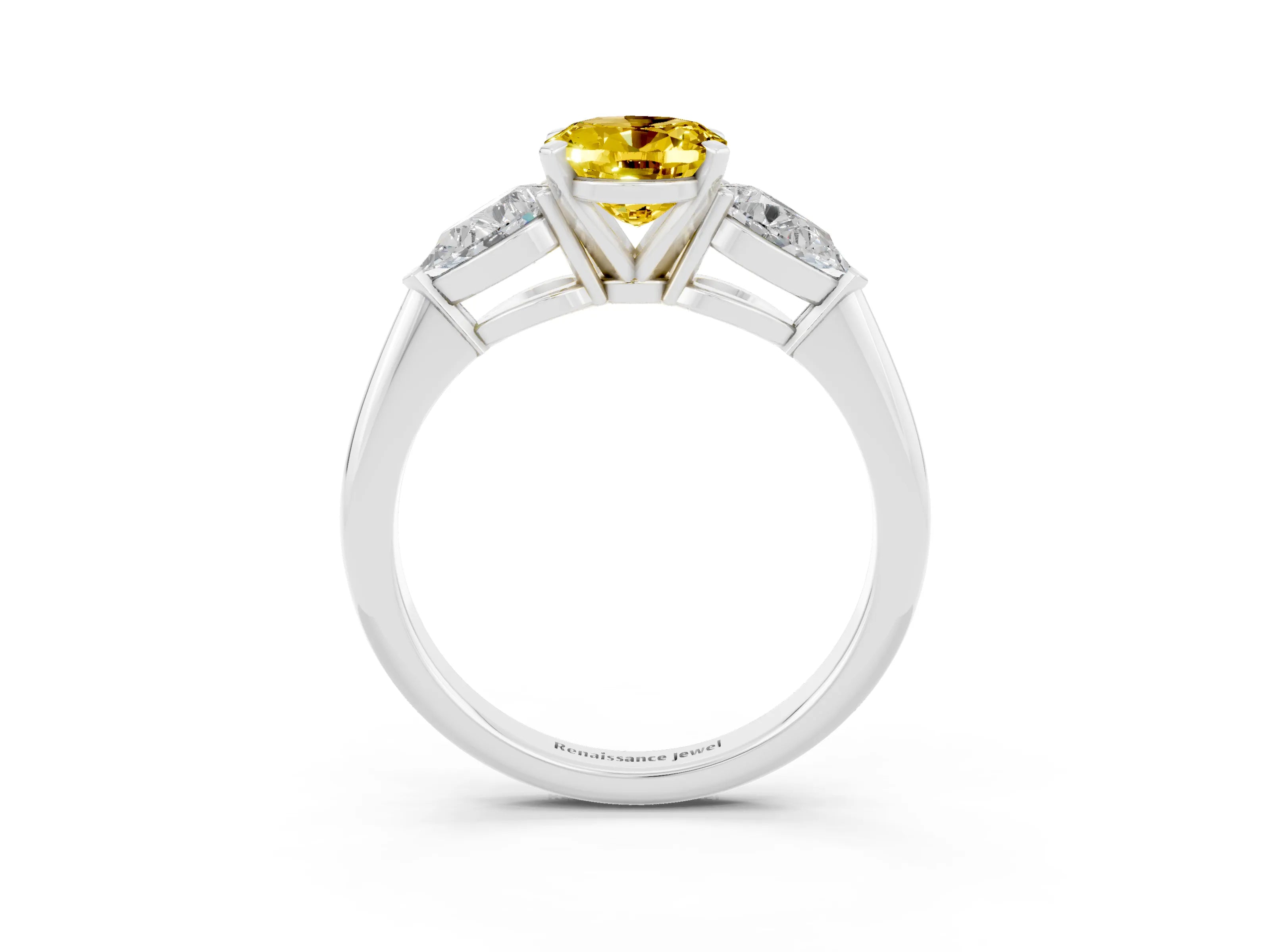 White gold Three-Stone Oval Cut Yellow Sapphire Ring with Pear Side Stones and Four-Prong Setting_27