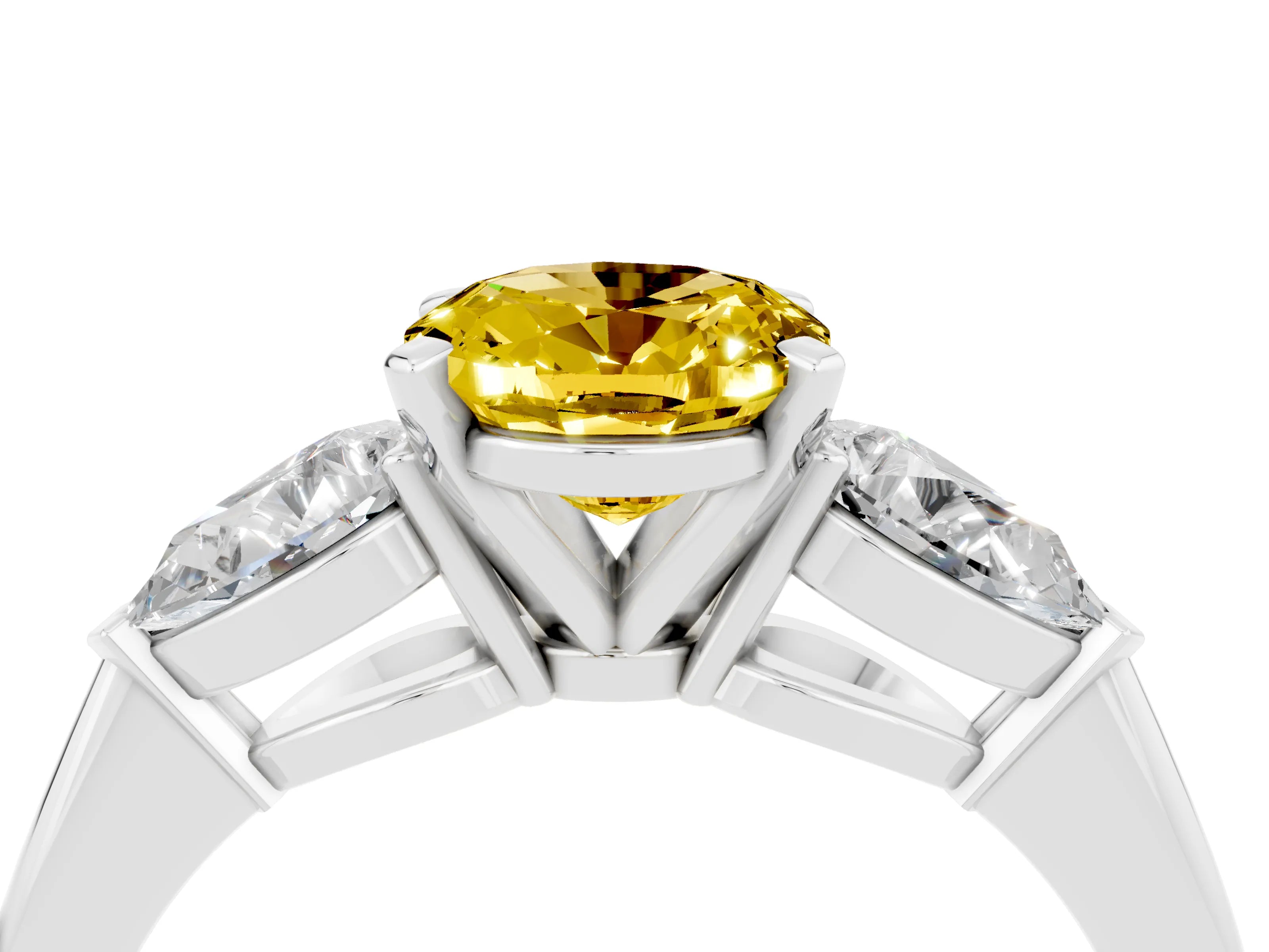 White gold Three-Stone Oval Cut Yellow Sapphire Ring with Pear Side Stones and Four-Prong Setting_28