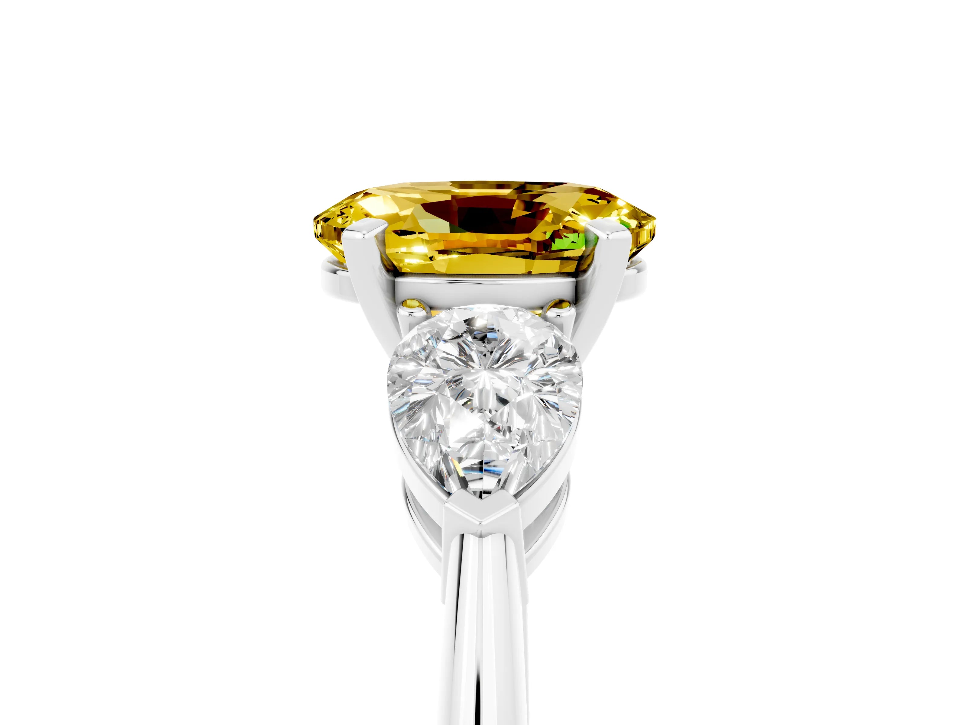 White gold Three-Stone Oval Cut Yellow Sapphire Ring with Pear Side Stones and Four-Prong Setting_29