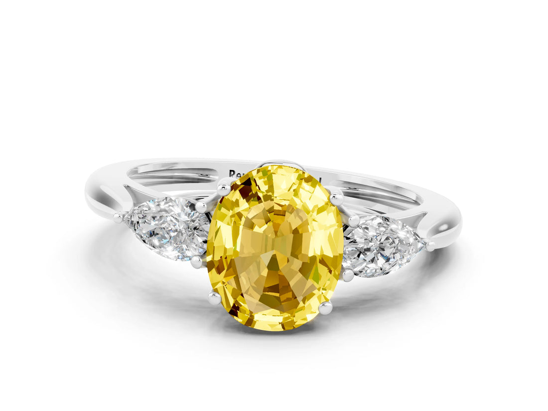 White gold Three-Stone Oval Cut Yellow Sapphire Ring with Pear  Side Stones in Four-Prong Setting_12