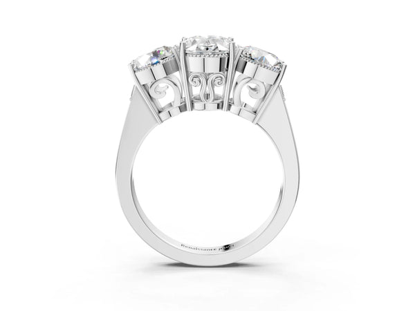 White Gold Oval Vintage Three Stone Engagement Ring Setting with Milgrain Baskets