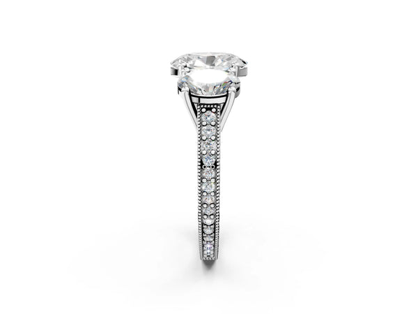 White gold Three-Stone Oval Diamond Milgrain Pave Band with Prong Setting