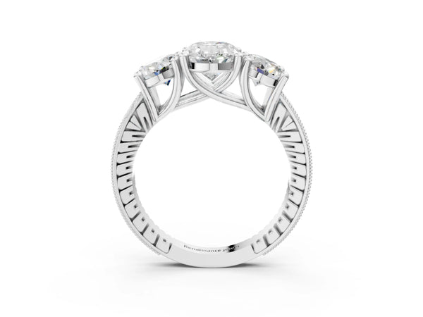 White gold Three-Stone Oval Diamond Milgrain Pave Band with Prong Setting