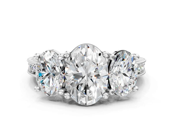White gold Three-Stone Oval Diamond Milgrain Pave Band with Prong Setting