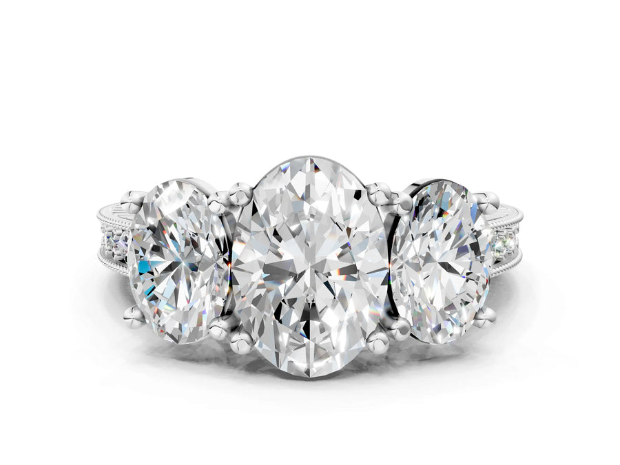 White gold Three-Stone Oval Diamond Milgrain Pave Band with Prong Setting
