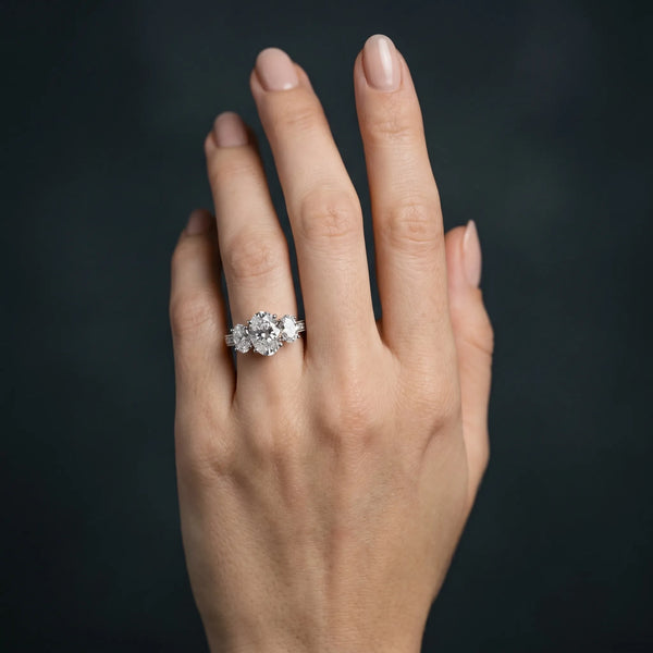 White gold Three-Stone Oval Diamond Milgrain Pave Band with Prong Setting