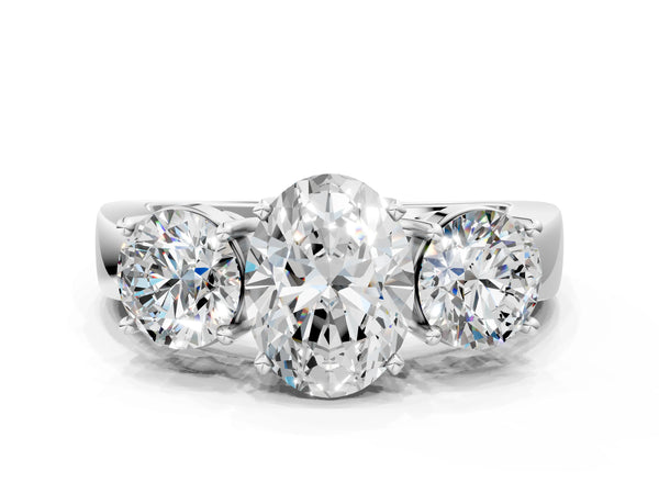White gold Three-Stone Oval Diamond Ring with Round Side Stones, Classic Band, and Four-Prong Setting