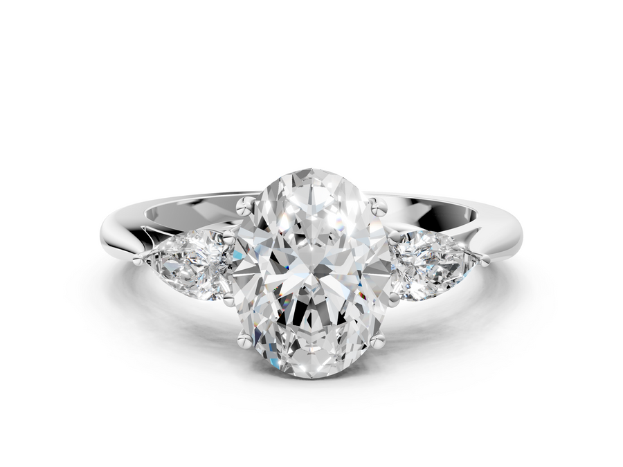 White gold Three-Stone Oval Diamond Solitaire Ring with Pear Side Stones and Four-Prong Setting