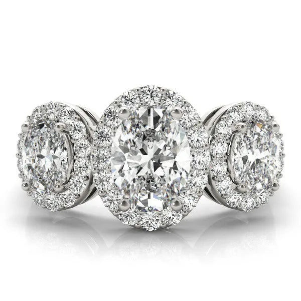 White gold Three-Stone Oval Halo Diamond Ring with Pave Band and Four-Prong Setting