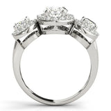 White gold Three-Stone Oval Halo Diamond Ring with Pave Band and Four-Prong Setting 2