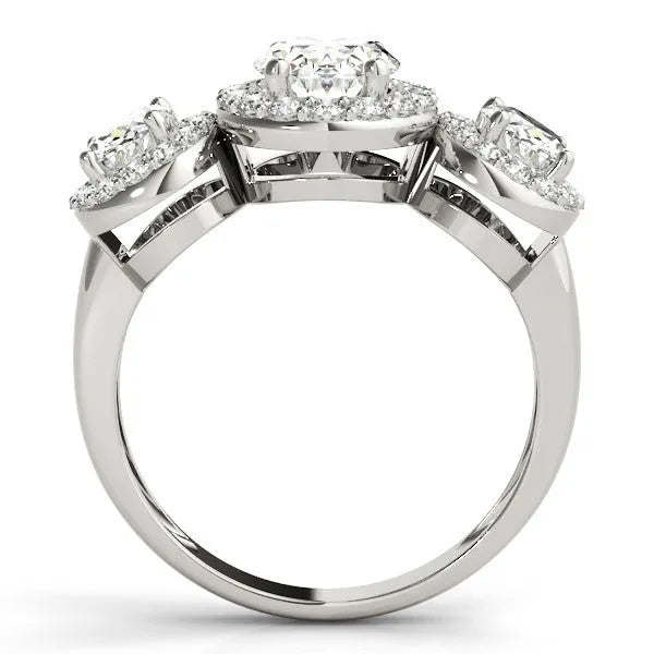 White gold Three-Stone Oval Halo Diamond Ring with Pave Band and Four-Prong Setting