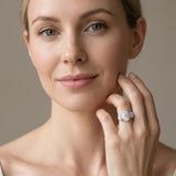 White gold Three-Stone Oval Halo Diamond Ring with Pave Band and Four-Prong Setting_25