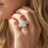 White gold Three-Stone Oval Halo Diamond Ring with Pave Band and Four-Prong Setting_26