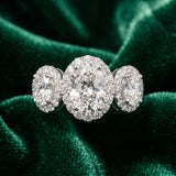 White gold Three-Stone Oval Halo Diamond Ring with Pave Band and Four-Prong Setting_27