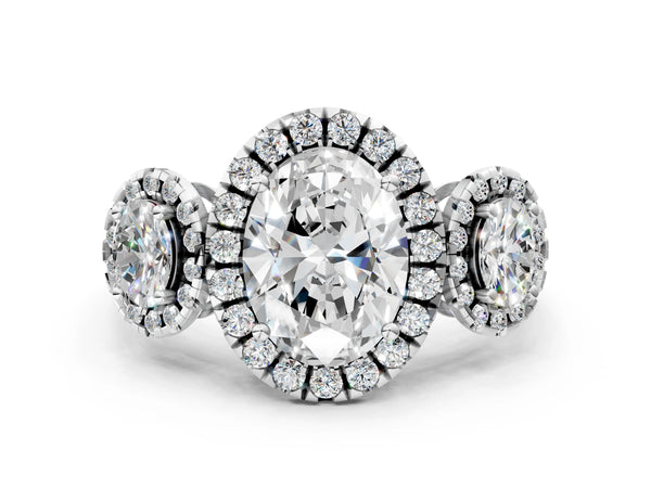White gold Three-Stone Oval Halo Diamond Ring with Pave Band and Four-Prong Setting