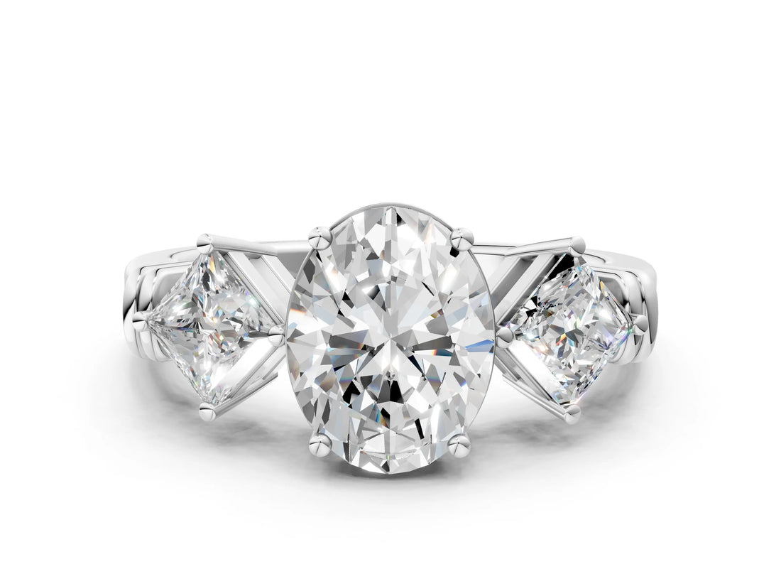 White gold Three-Stone Oval and Princess Cut Diamond Ring with Channel Band and Four-Prong Setting_28