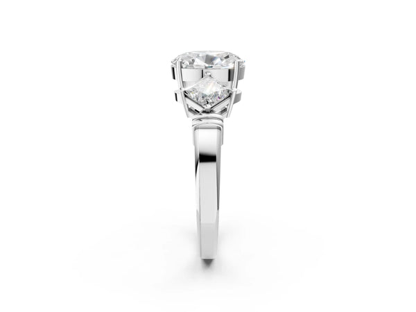 White gold Three-Stone Oval and Princess Cut Diamond Ring with Channel Band and Four-Prong Setting