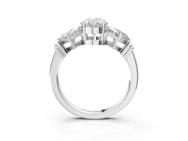 White gold Three-Stone Oval and Princess Cut Diamond Ring with Channel Band and Four-Prong Setting