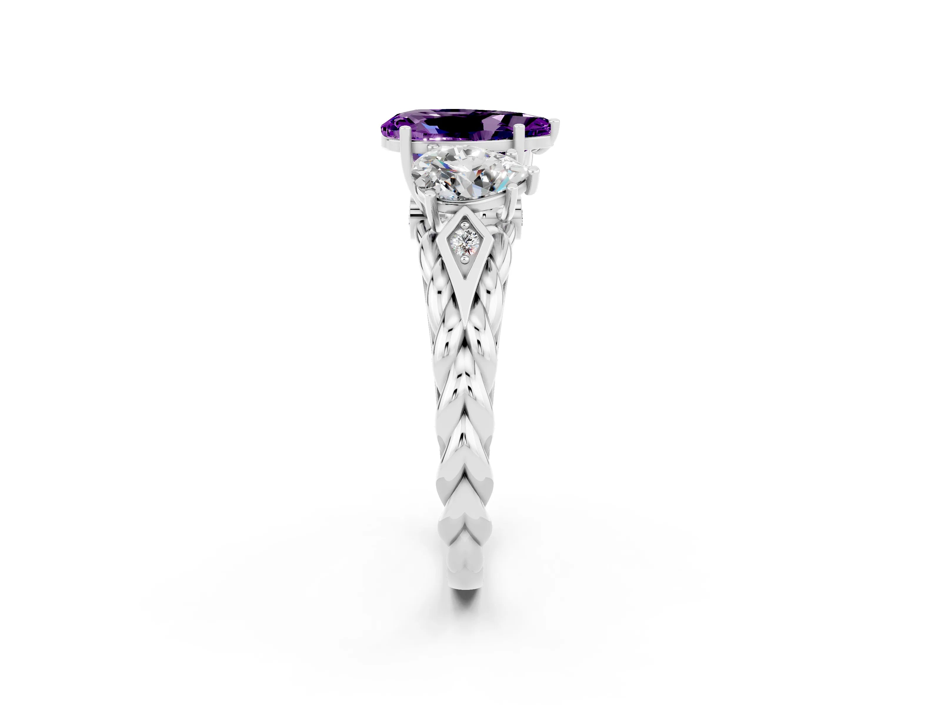 White gold Three-Stone Pear Cut Amethyst Braided Band Ring with Four-Prong Setting_14