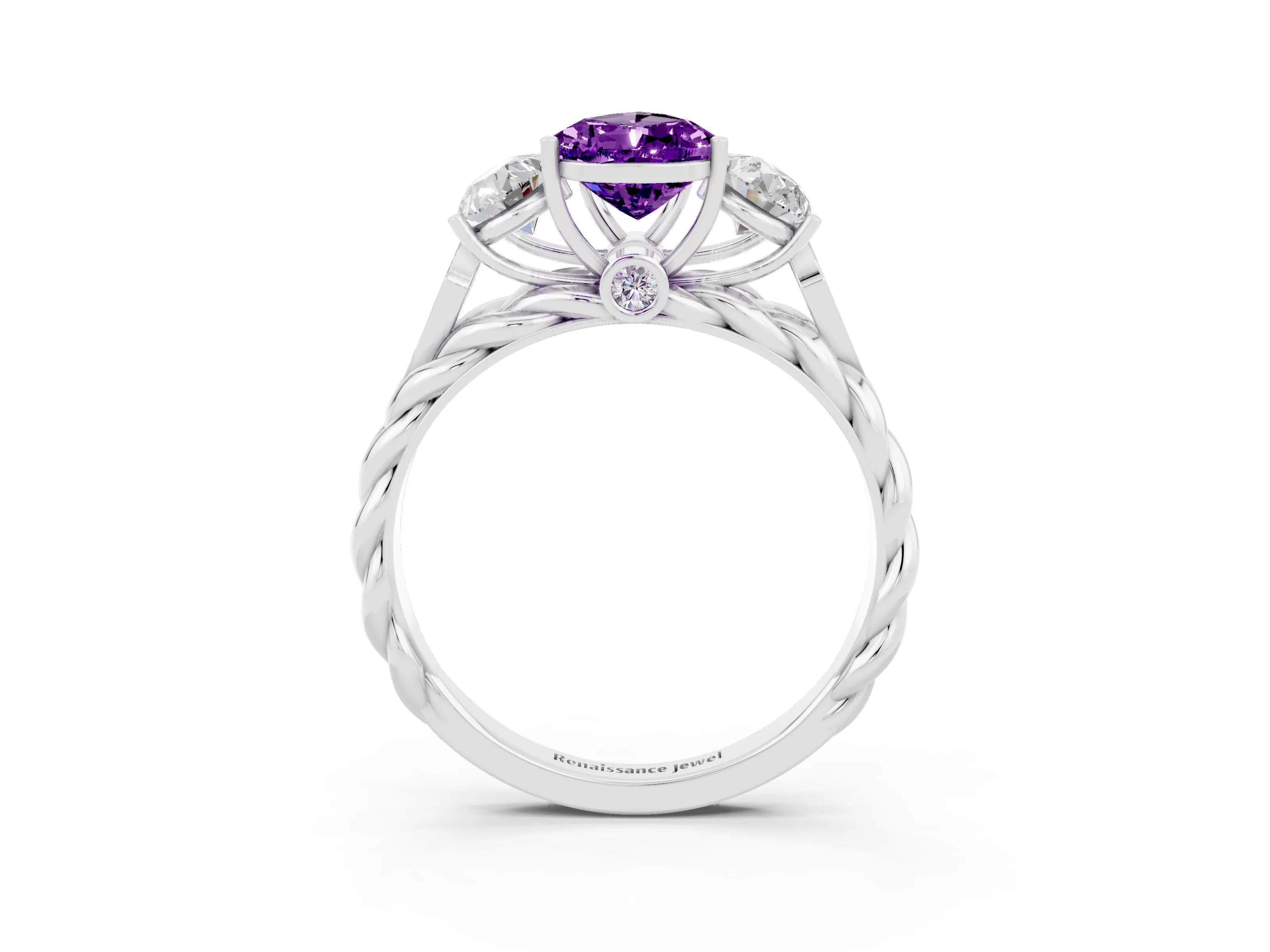 White gold Three-Stone Pear Cut Amethyst Braided Band Ring with Four-Prong Setting_15
