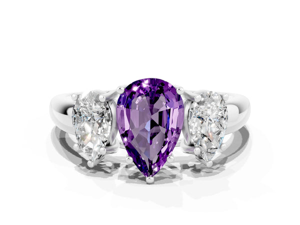 Platinum Three-Stone Pear Cut Amethyst Engagement Ring with Prong Setting