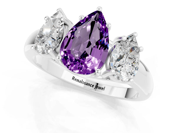 Platinum Three-Stone Pear Cut Amethyst Engagement Ring with Prong Setting