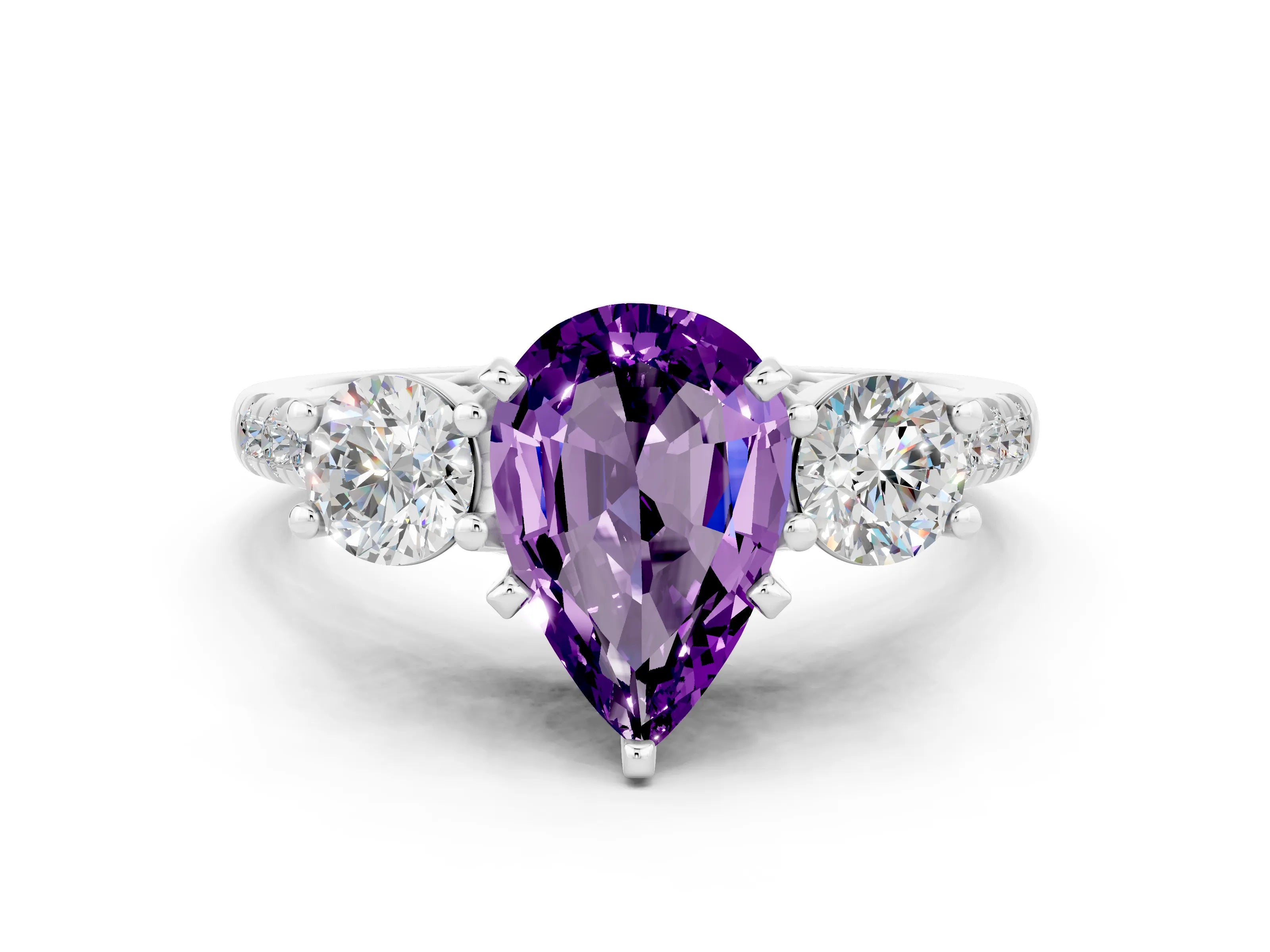 White gold Three-Stone Pear Cut Amethyst Pavé Band with Four-Prong Setting
