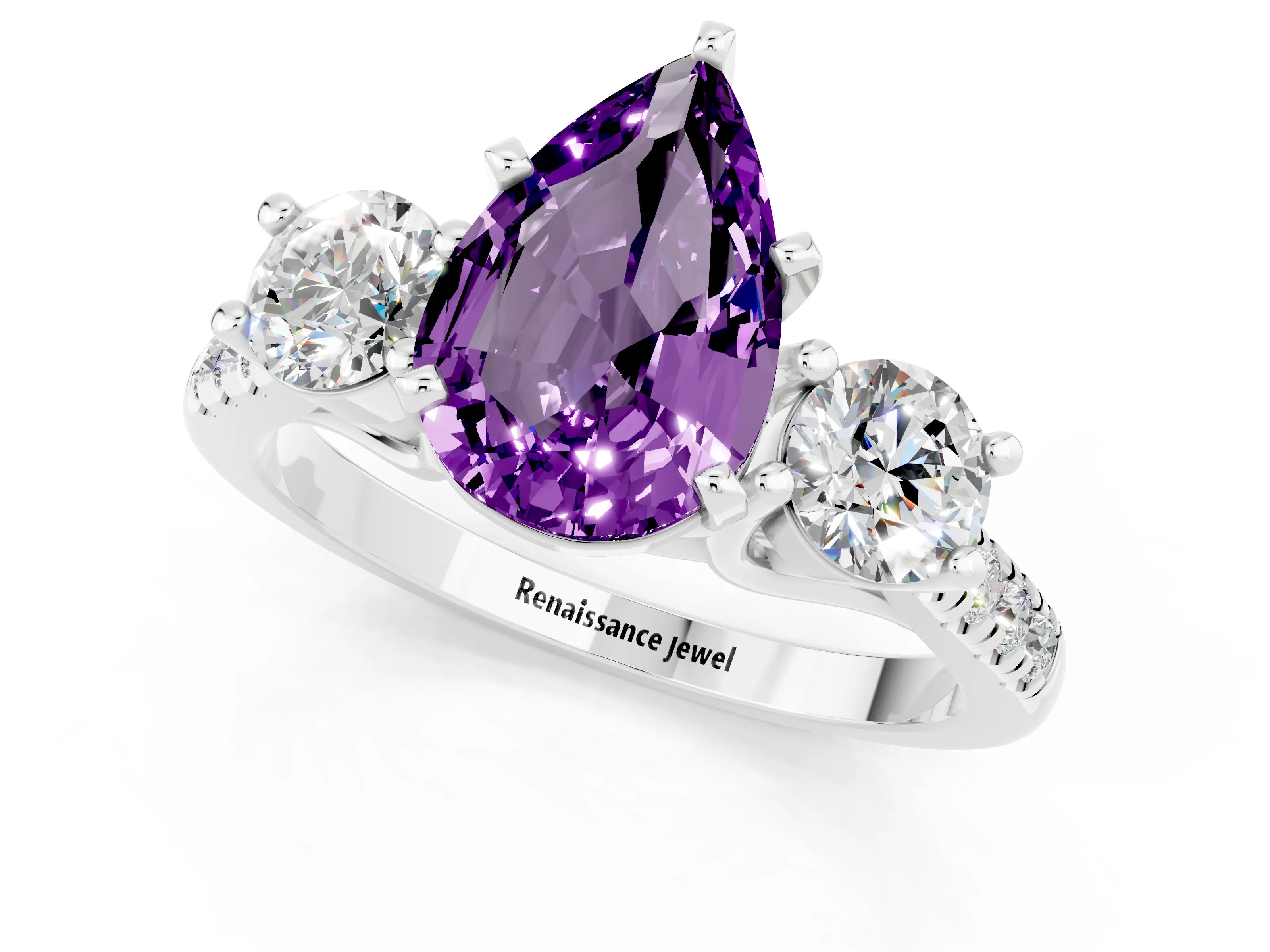 White gold Three-Stone Pear Cut Amethyst Pavé Band with Four-Prong Setting_1