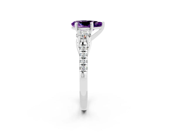 Platinum Three-Stone Pear Cut Amethyst Pavé Band with Four-Prong Setting