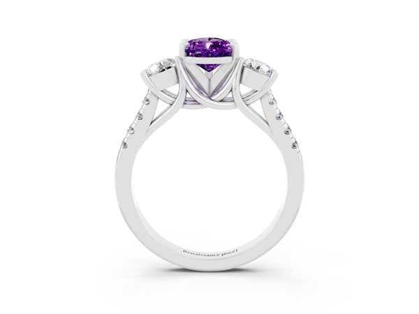 Silver Three-Stone Pear Cut Amethyst Pavé Band with Four-Prong Setting
