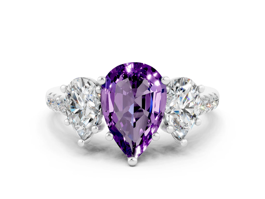 White gold Three-Stone Pear Cut Amethyst Ring with Pavé Band and Prong Setting_12