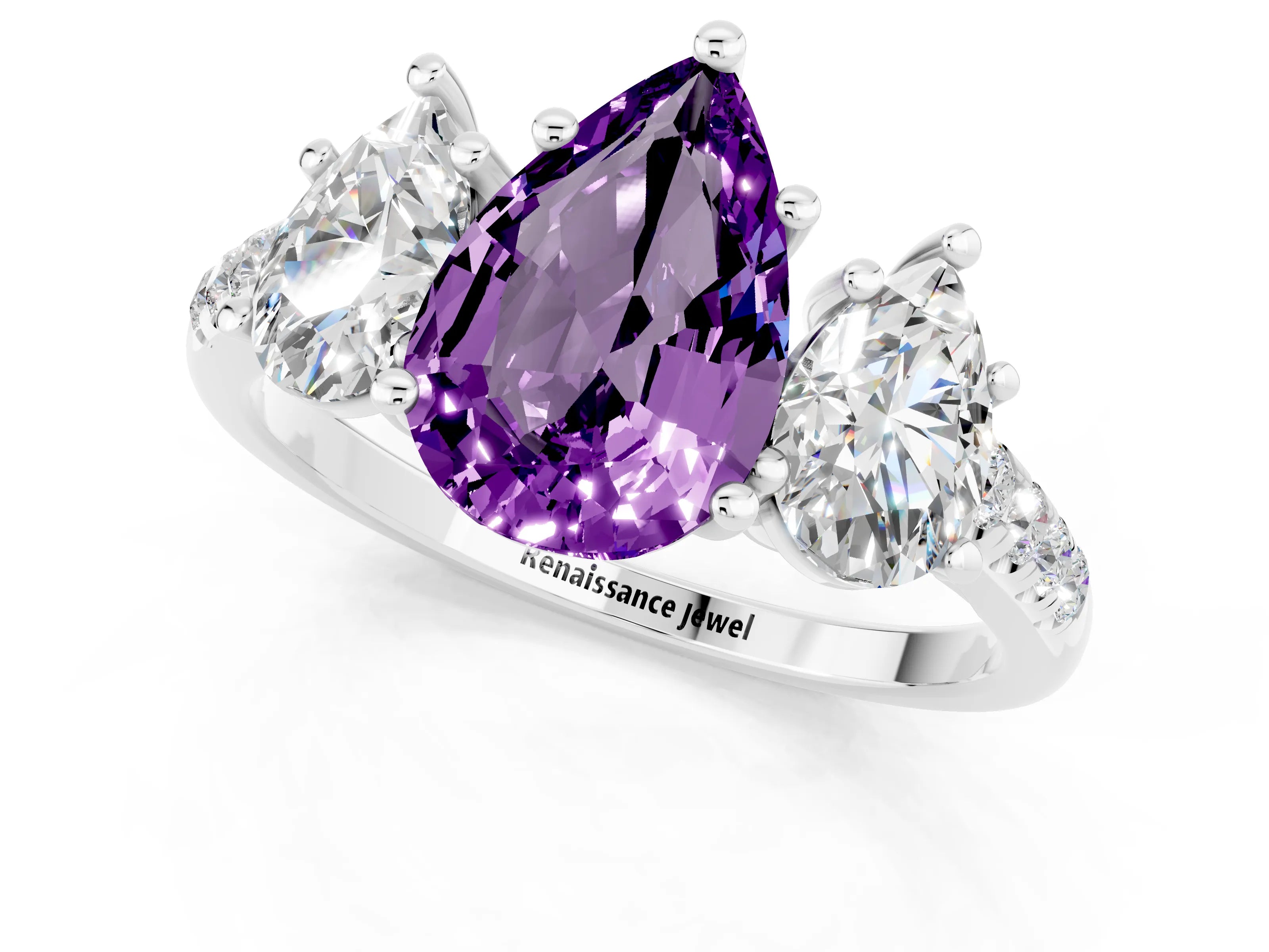 White gold Three-Stone Pear Cut Amethyst Ring with Pavé Band and Prong Setting_13